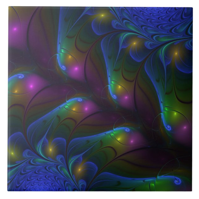 Colourful Luminous Abstract Modern Trippy Fractal Ceramic Tile (Front)