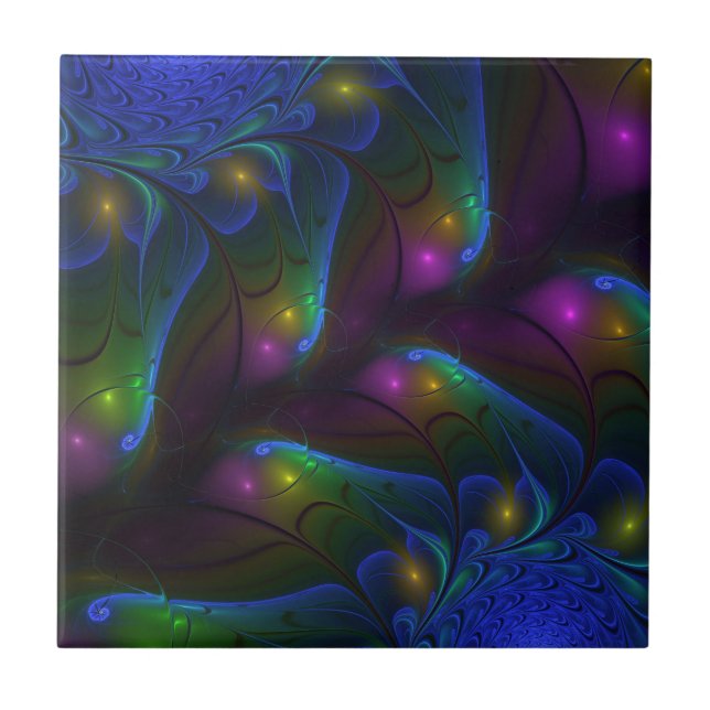 Colourful Luminous Abstract Modern Trippy Fractal Ceramic Tile (Front)