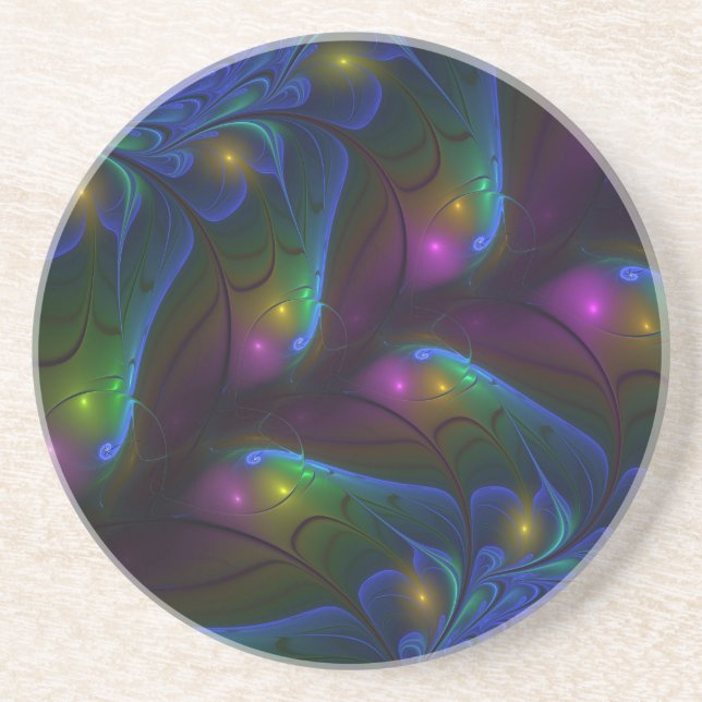 Colourful Luminous Abstract Modern Trippy Fractal Coaster (Front)
