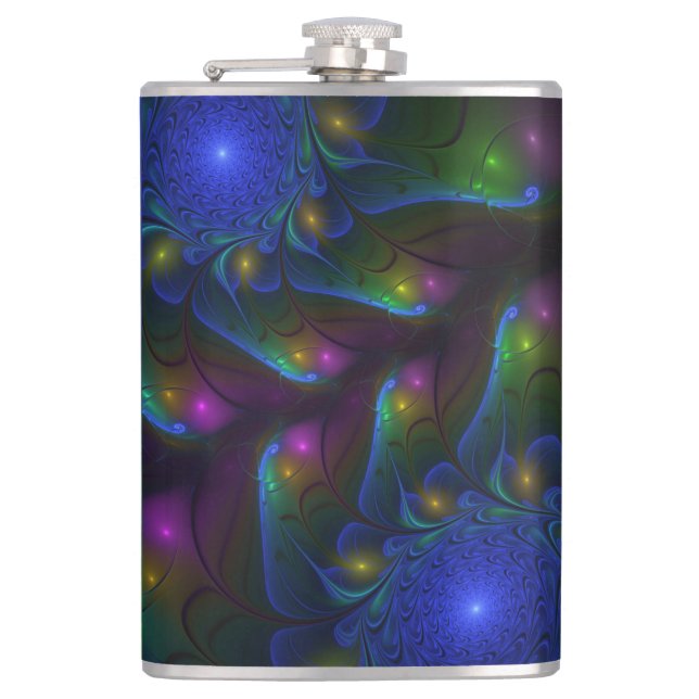 Colourful Luminous Abstract Modern Trippy Fractal Hip Flask (Front)