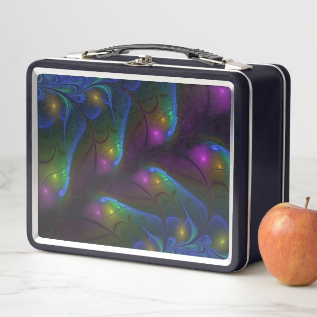 Colourful Luminous Abstract Modern Trippy Fractal Metal Lunch Box (In Situ)
