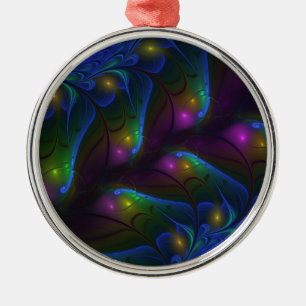 Colourful Luminous Abstract Modern Trippy Fractal Metal Ornament