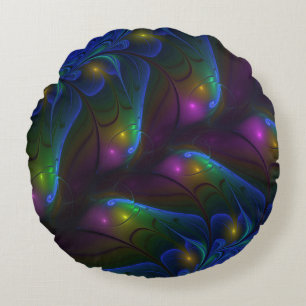 Colourful Luminous Abstract Modern Trippy Fractal Round Cushion