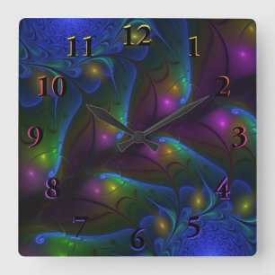 Colourful Luminous Abstract Modern Trippy Fractal Square Wall Clock