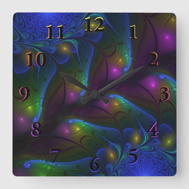 Colourful Luminous Abstract Modern Trippy Fractal Square Wall Clock (Front)