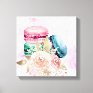 Colourful Macarons and Flowers Watercolor Canvas Print