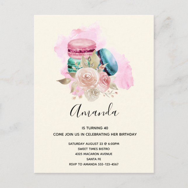 Colourful Macarons and Flowers Watercolor Invitation Postcard (Front)