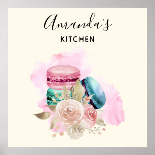 Colourful Macarons and Flowers Watercolor Kitchen Poster