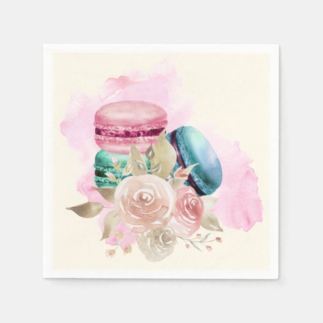Colourful Macarons and Flowers Watercolor Napkin (Front)