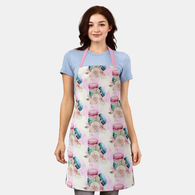 Colourful Macarons and Flowers Watercolor Pattern Apron (Worn)