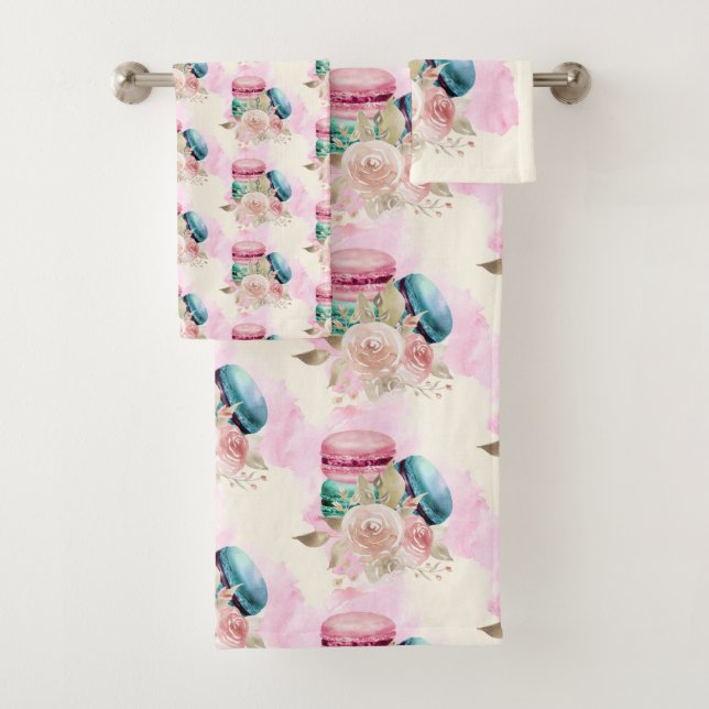 Colourful Macarons and Flowers Watercolor Pattern Bath Towel Set (Insitu)