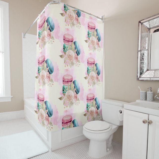 Colourful Macarons and Flowers Watercolor Pattern Shower Curtain (In Situ)
