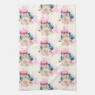 Colourful Macarons and Flowers Watercolor Pattern Tea Towel