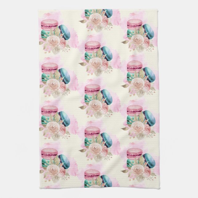 Colourful Macarons and Flowers Watercolor Pattern Tea Towel (Vertical)