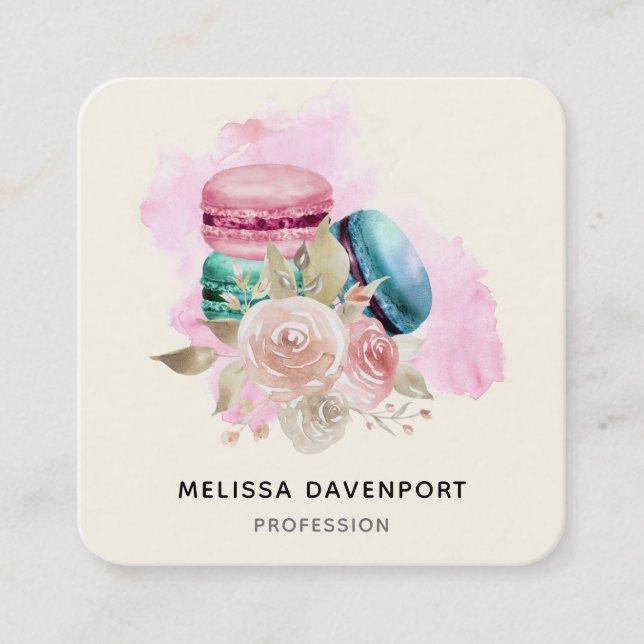Colourful Macarons and Flowers Watercolor Square Business Card (Front)