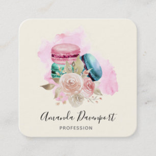 Colourful Macarons and Flowers Watercolor Square Business Card