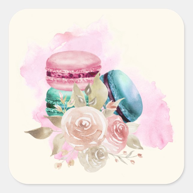 Colourful Macarons and Flowers Watercolor Square Sticker (Front)