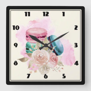 Colourful Macarons and Flowers Watercolor Square Wall Clock