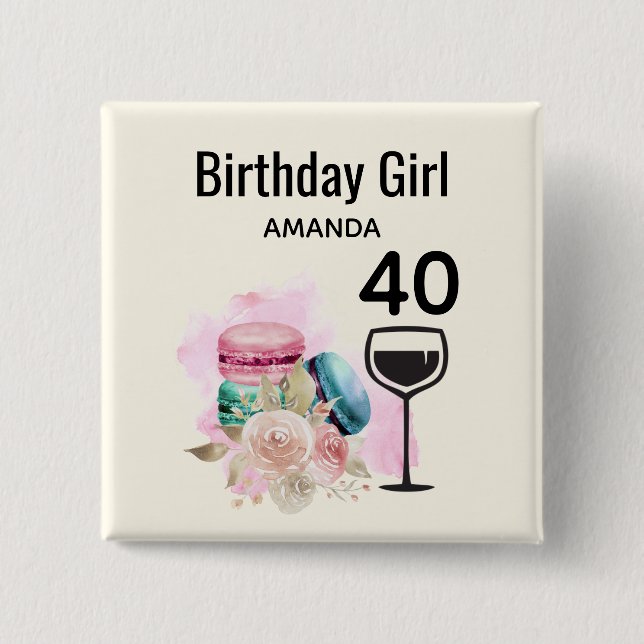 Colourful Macarons and Wine Birthday Girl 15 Cm Square Badge (Front)