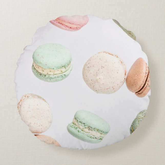 Colourful Macarons: Sweet Falling Pattern. Round Cushion (Front)