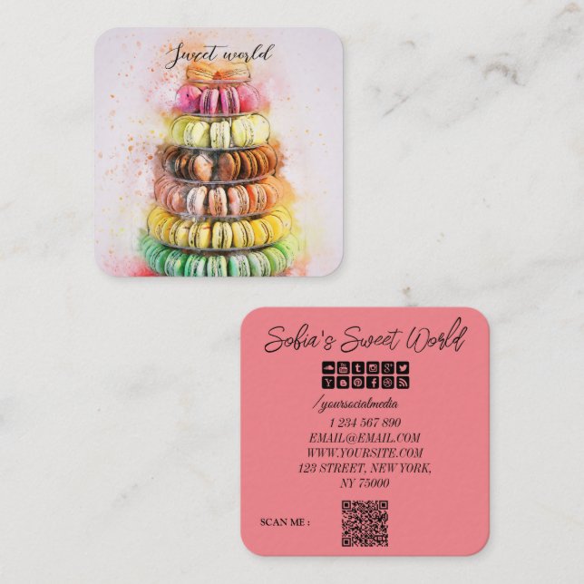 Colourful Macarons Sweets Qr Code Modern Square Bu Business Card (Front/Back)
