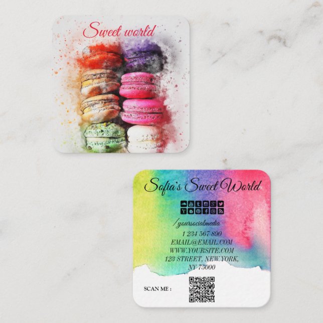 Colourful Macarons Sweets Qr Code Modern Square Bu Business Card (Front/Back)