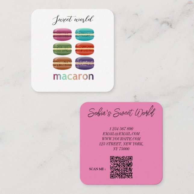 Colourful Macarons Sweets Qr Code Modern Square Sq Business Card (Front/Back)