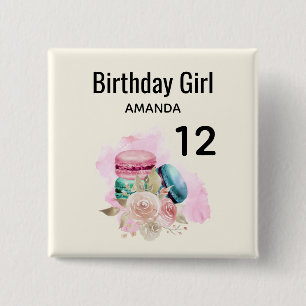 Colourful Macarons Watercolor Birthday Girl 15 Cm Square Badge