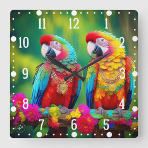 Colourful Macaw Birds On The Branch-67859 Square Wall Clock