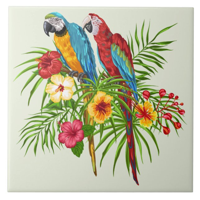 Colourful Macaw Parrots and Hibiscus Flowers  Ceramic Tile (Front)