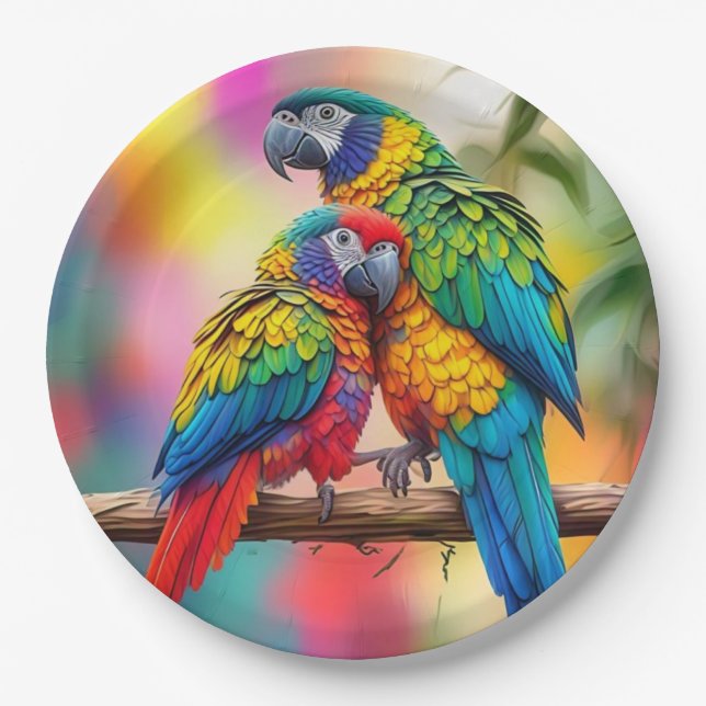 Colourful Macaw Parrots On A Branch-45739 Paper Plate (Front)