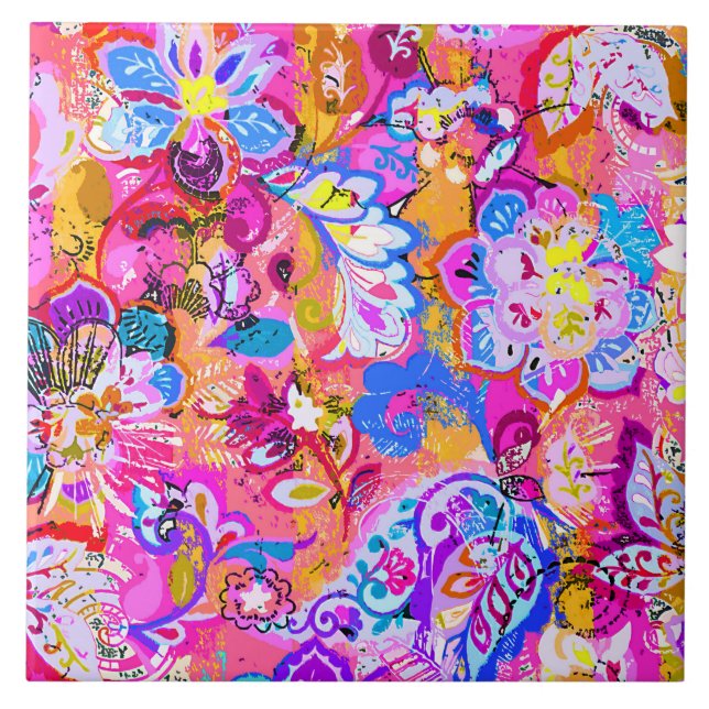 Colourful magic abstract floral ceramic tile (Front)
