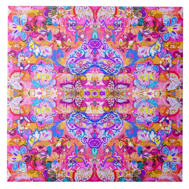 Colourful magic abstract floral ceramic tile (Front)