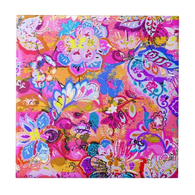 Colourful magic abstract floral ceramic tile (Front)