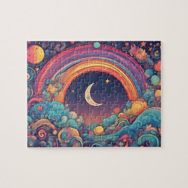 Colourful Magic Sky With Moon and Rainbow Jigsaw Puzzle (Horizontal)