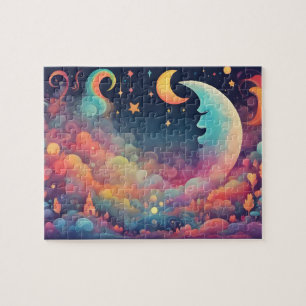 Colourful Magic Sky With Moon and Rainbow Jigsaw Puzzle