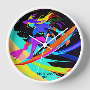 Colourful Magical Abstract Surfing Witch Clock