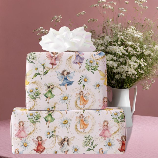 Colourful Magical Cute Floral Fairies Gold Glitter Wrapping Paper (Creator Uploaded)