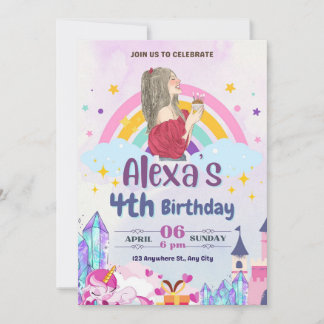 Colourful Magical Rainbow Girls Birthday Party  Invitation