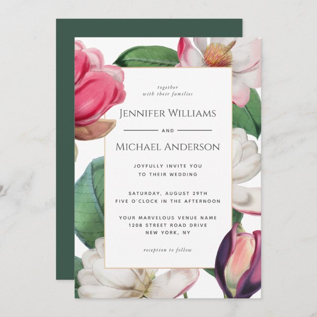 Colourful Magnolia Blossoms Boho Floral Wedding Invitation (Front/Back)