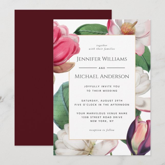 Colourful Magnolia Blossoms Elegant Floral Wedding Invitation (Front/Back)