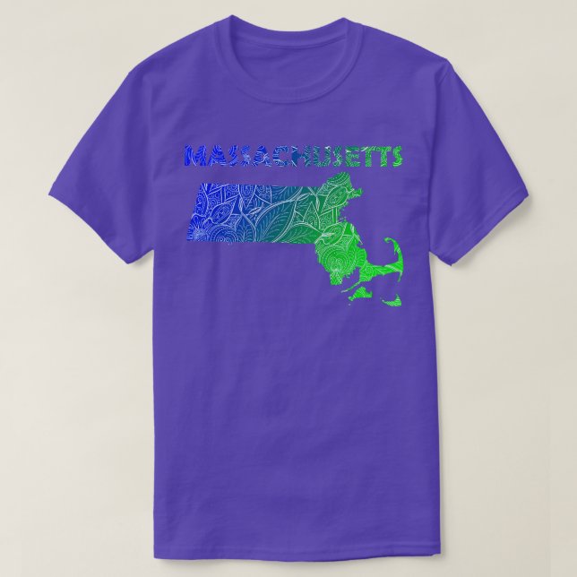Colourful mandala art map of Massachusetts with te T-Shirt (Design Front)
