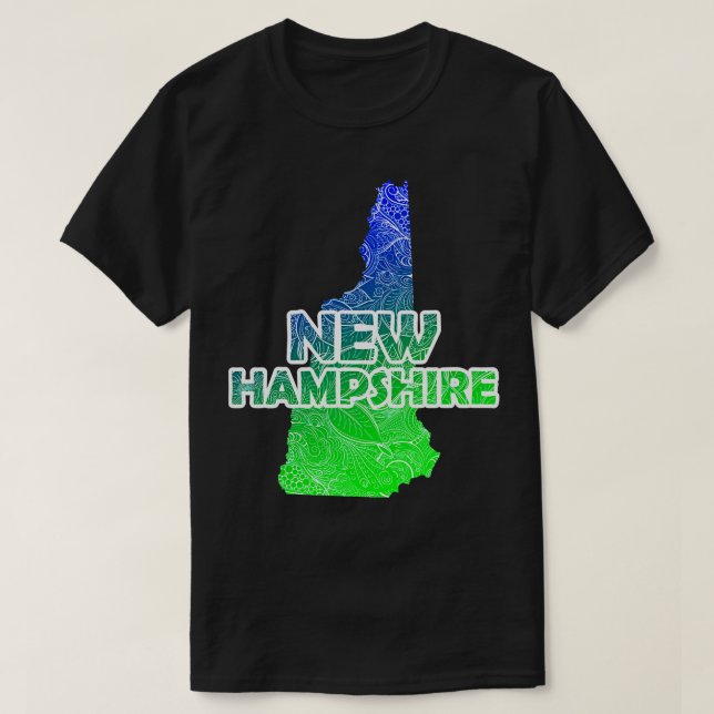Colourful mandala art map of New Hampshire with te T-Shirt (Design Front)