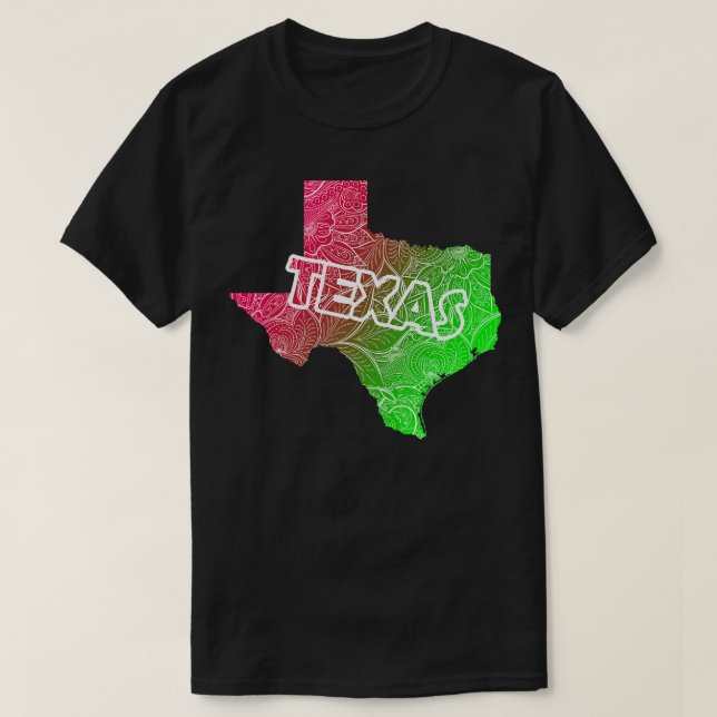 Colourful mandala art map of Texas with text in pi T-Shirt (Design Front)