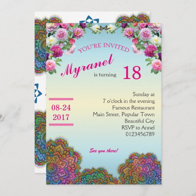 Colourful Mandala Birthday Invitation with flowers (Front/Back)