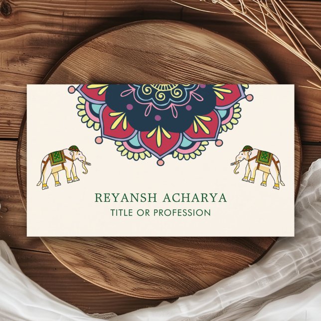 Colourful Mandala Bollywood Style Elephants Indian Business Card (Creator Uploaded)