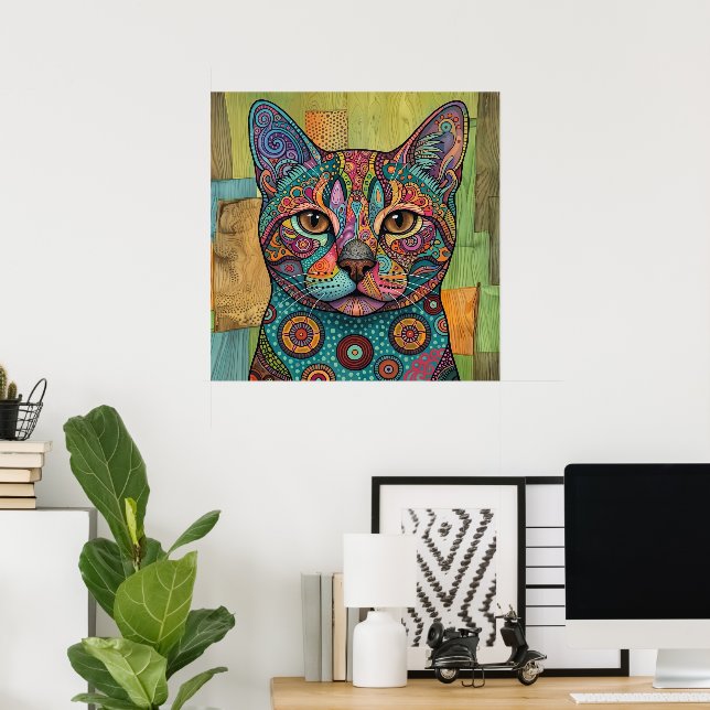 Colourful Mandala Cat Portrait Vibrant Wall Art (Home Office)