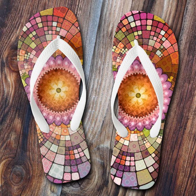 Colourful Mandala Creative Mosaic Thongs (Colorful artistic boho flip flops in a mandala mosaic style.)