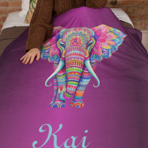 Colourful Mandala Elephant with Customised Name Sherpa Blanket