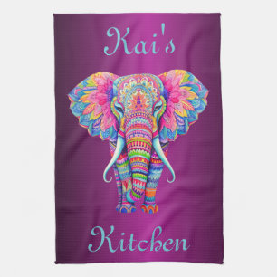 Colourful Mandala Elephant with Customised Name Tea Towel